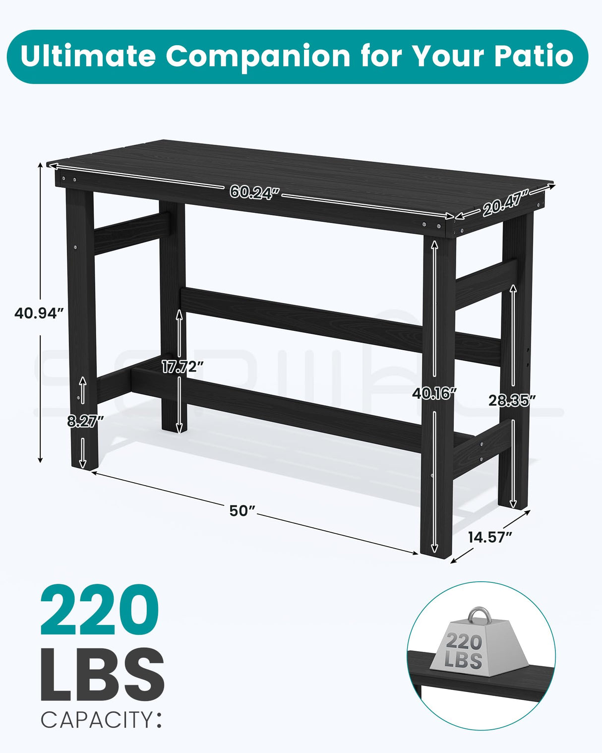 SERWALL 41" Outdoor Bar Table, All Weather HDPE Patio Bar Counter Height Table, Rectangle Patio Bar Table for Outside, Garden, Backyard, Balcony, Poolside, Black SERWALL