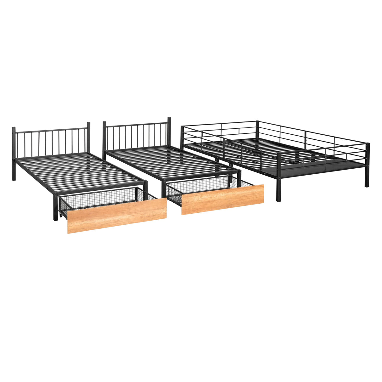 Triple Bunk Bed Metal Full Over Two Twin Beds with Storage Drawers and Shelf Detachable 3 Bed Bunk Bed Frame with Ladder for Kids Boys Girls Teens, Can Bed Divided into Three Separate Beds, Black Bellemave