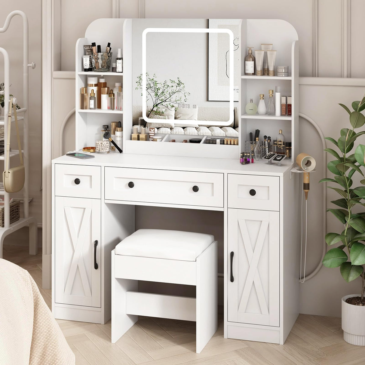 Fameill Vanity Mirror with Lights, Makeup Vanity Desk and Chair, White Vanity Table with Large Storage Drawers and Shelves, Time and Temperature Display, 3 LED Lighting Modes Adjustable Fameill