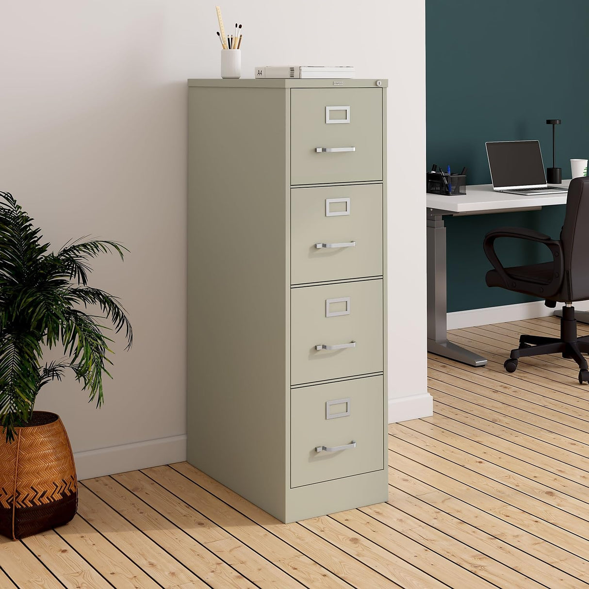 STAPLES Commercial 4-Drawer Vertical File Cabinet, Locking, Letter, Putty/Beige, 22-inch D (22336D) STAPLES