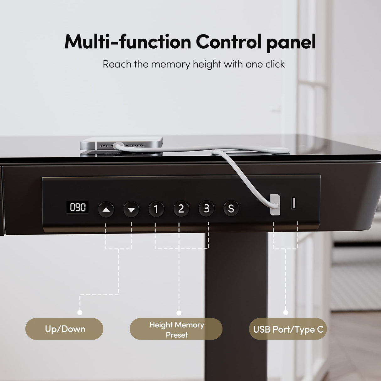 BANTI Electric Standing Desk with Drawers, 48 inch Whole-Piece Glass Desktop, Height Adjustable Stand up Sit Stand Home Office Ergonomic Workstation, Black Tabletop BANTI