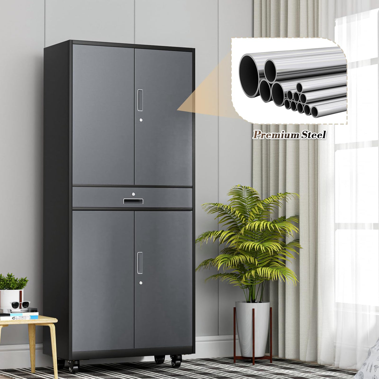 Athena Collection Metal Storage Cabinet with 4 Lock Doors and 4 Adjustbale Shelves, 74" Tall Rolling Garage Storage Cabinet for Home Office, School, Garage, Pantry, Grey Black Athena Collection
