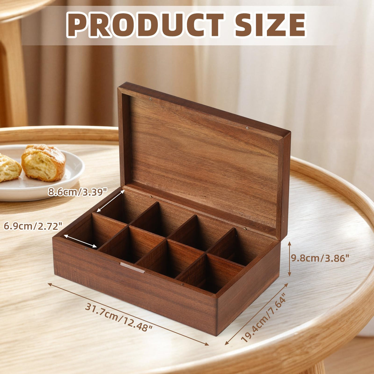 Acacia Wood Tea Bag Organizer, 8 Compartments Tea Box Organizer Storage Box, Tea Box for Tea Bags Chest, Tea Bag Holder with Magnetic Lid for Beverage Supplies, Sugar, Sweeteners, Individual Packets VOSEPO