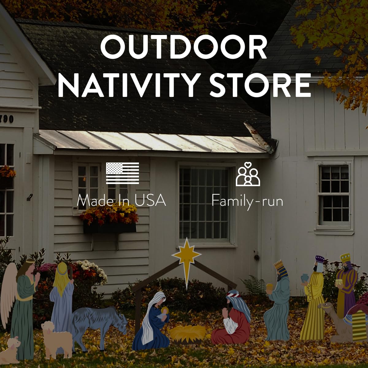 Outdoor Nativity Store Complete Nativity Scene - 12 Weatherproof Nativity Set Figures for Outdoor Christmas Decoration - Easy to Assemble & Store - Standard, White Outdoor Nativity Store