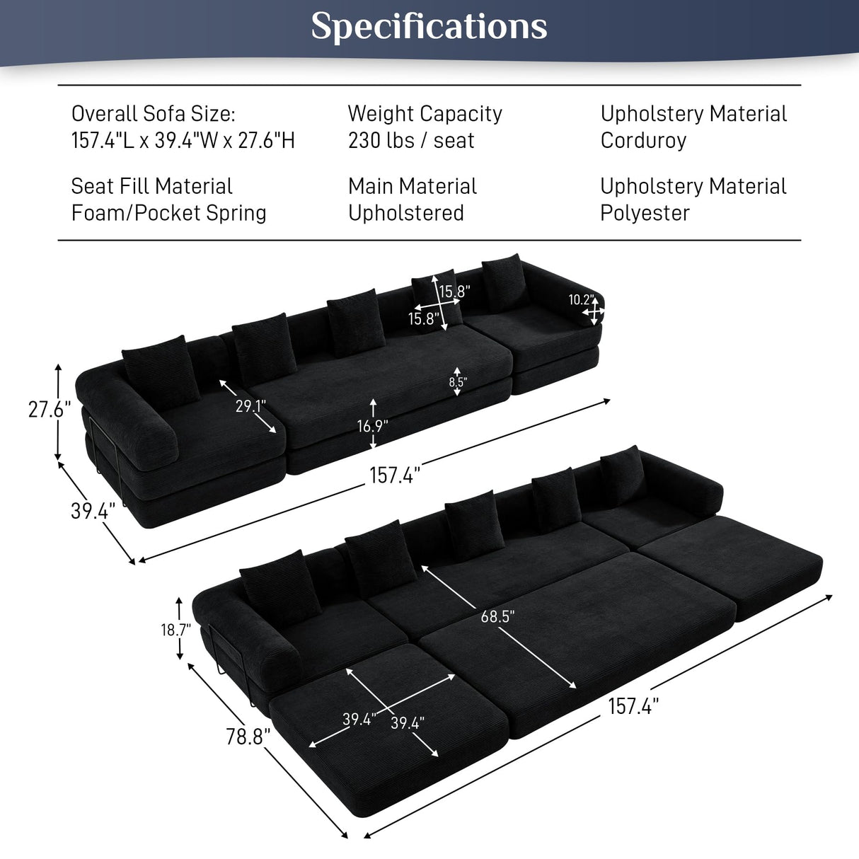 DAMAIFROM Modular Sectional Loveseat Sofa Cloud Boneless Couch, Modern Sleeper Sofa for Customizable Living Spaces, Cozy Modular Couch for Indoor Room, No Assembly Required, Black DAMAIFROM