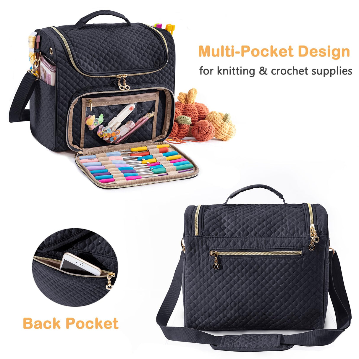 MYBAGZING Crochet Bag Organizer - Quilted Storage Bag with Hanging Hook, Knitting & Yarn Tote for Crochet Accessories, Mother's Day Gift MYBAGZING