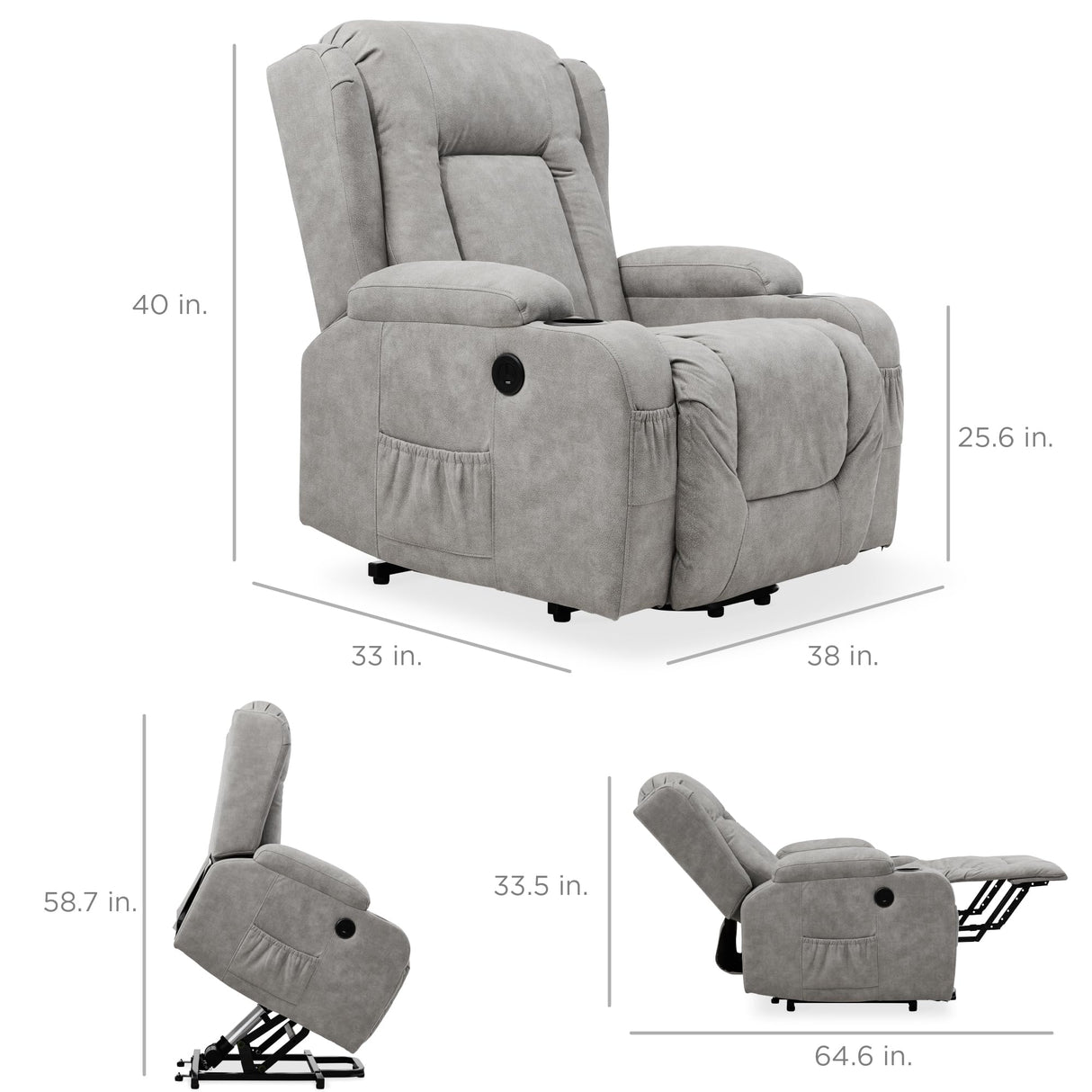 Best Choice Products PU Leather Electric Power Lift Chair, Recliner Massage Chair, Adjustable Furniture for Back, Legs w/ 3 Positions, USB Port, Heat, Cupholders, Easy-to-Reach Side Button - Gray Best Choice Products