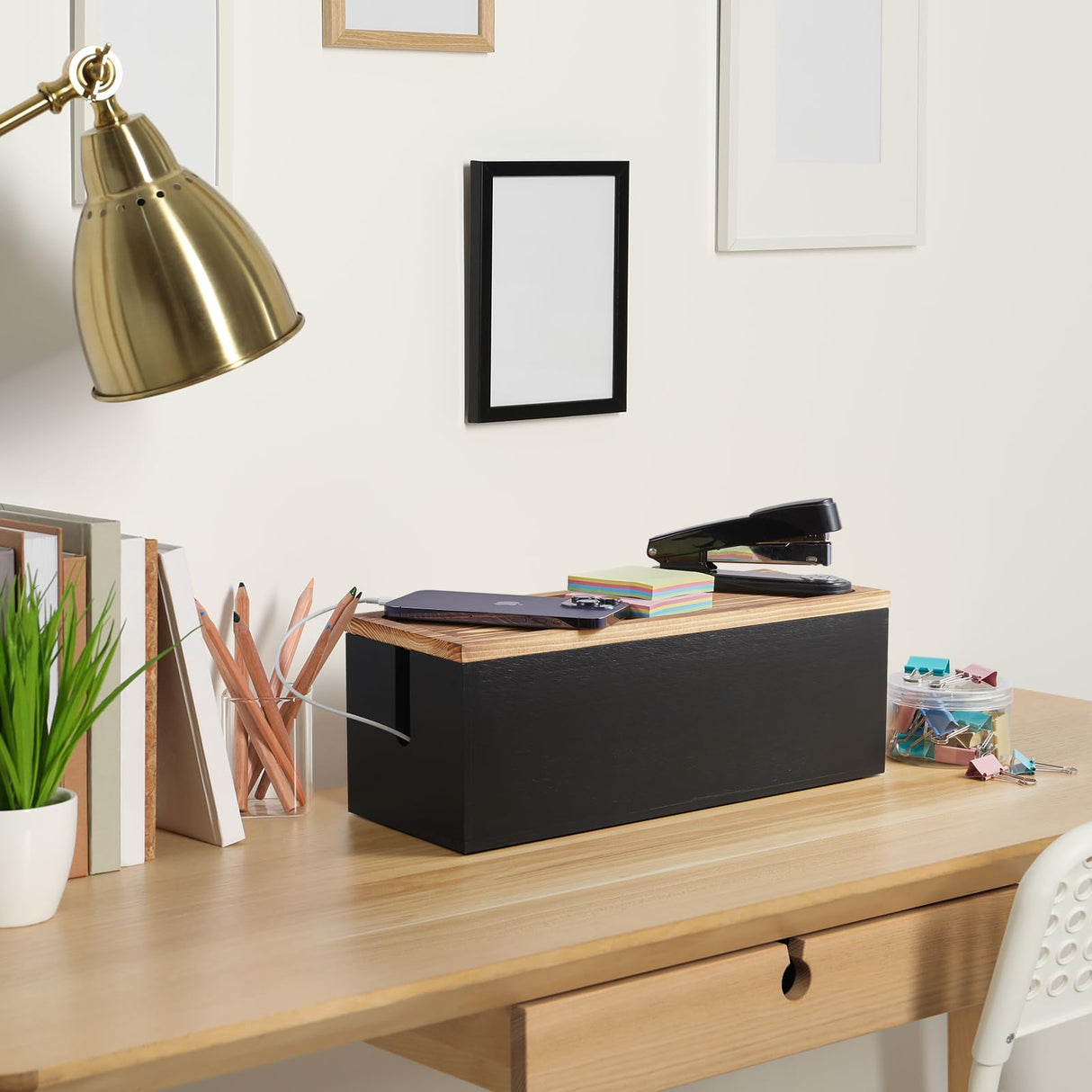 Bivvclaz Large Cable Management Box, Wooden Cord Organizer Box for Under Desk TV Computer Router USB Hub to Cover and Hide Extension Cords Power Stripes Surge Protectors Chargers Wires, Black Bivvclaz