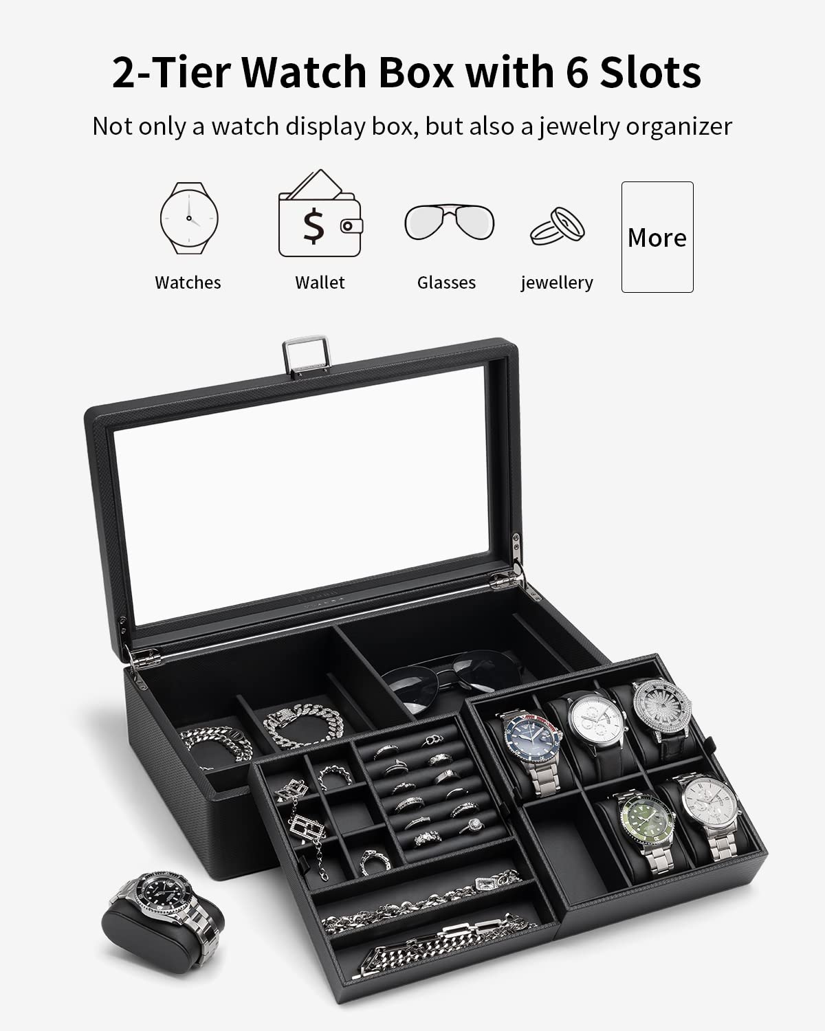 Vlando 6-Slot Watch Box Organize, Lockable Watch Case with Textured Leather, 2 Layer Watch Holder for Rings, Bracelets, Glasses, Glass Lid, Removable Divider, Gift for Fathers, Husband, Friend, Black Vlando