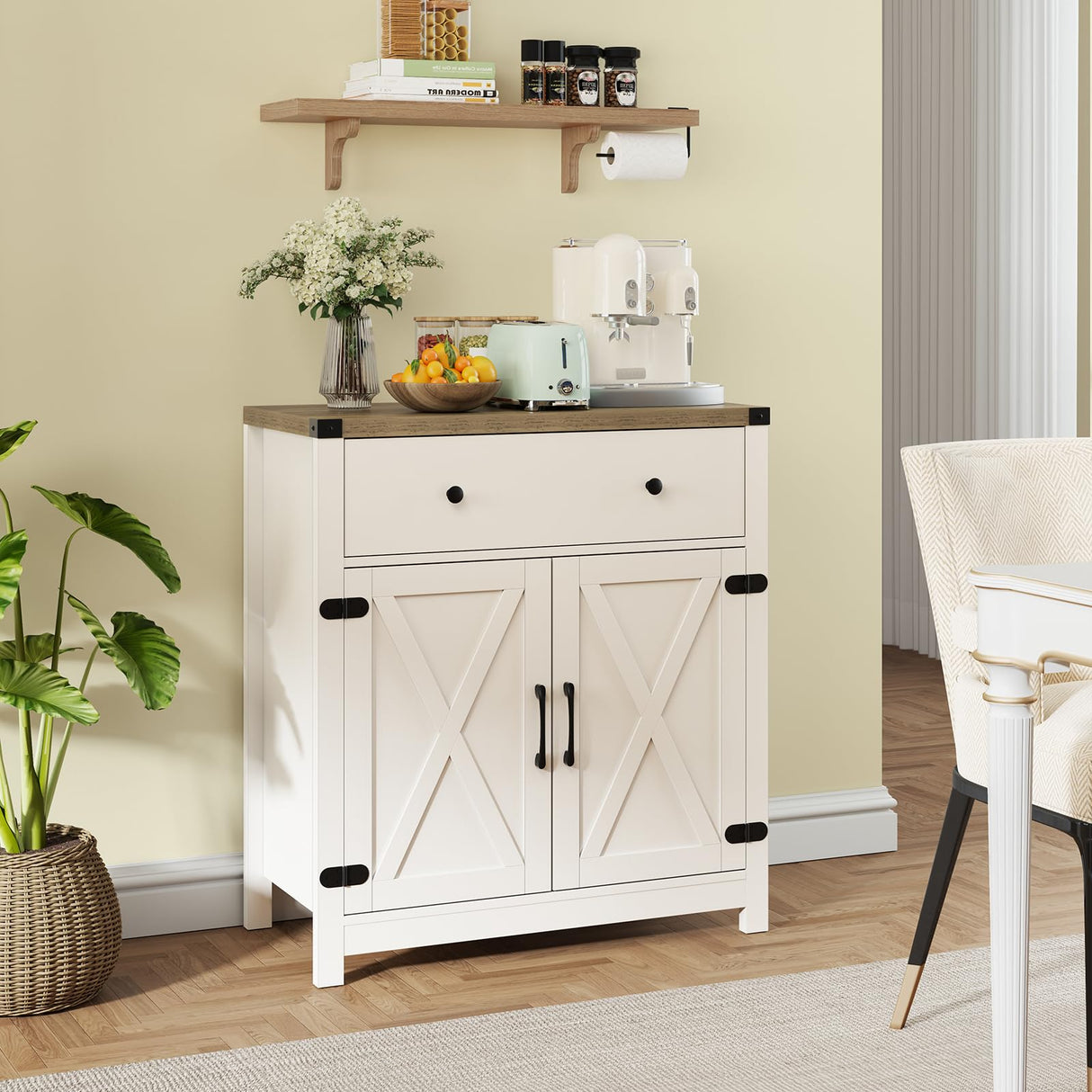 Coffee Bar Cabinet, Kitchen Storage Cabinet,Sideboard Buffet Cabinet with Storage,15.55" D x 31.5" W x 34.65" H Bar Door Kitchen Cabinet, Farmhouse Cabinet with Drawer and Adjustable Shlef, White Mufico