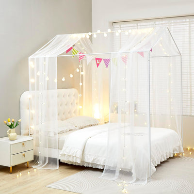 Mengersi House Bed Canopy Bed Curtains with Lights,Montessori Floor Bed Canopy for Girls Boys,Four Poster Bed Curtains House Bed Decoration (Twin/Twin XL, White)
