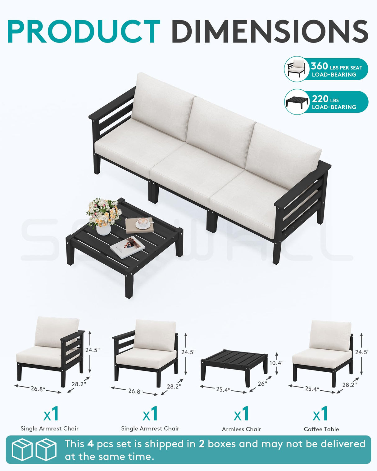 SERWALL HDPE Outdoor Furniture Set, 4 Pieces Patio Sectional Sofa Set, All-Weather Wood-Like Outdoor Sofa with Coffee Table for Deck, Garden, Black Frame with Khaki Cushion SERWALL