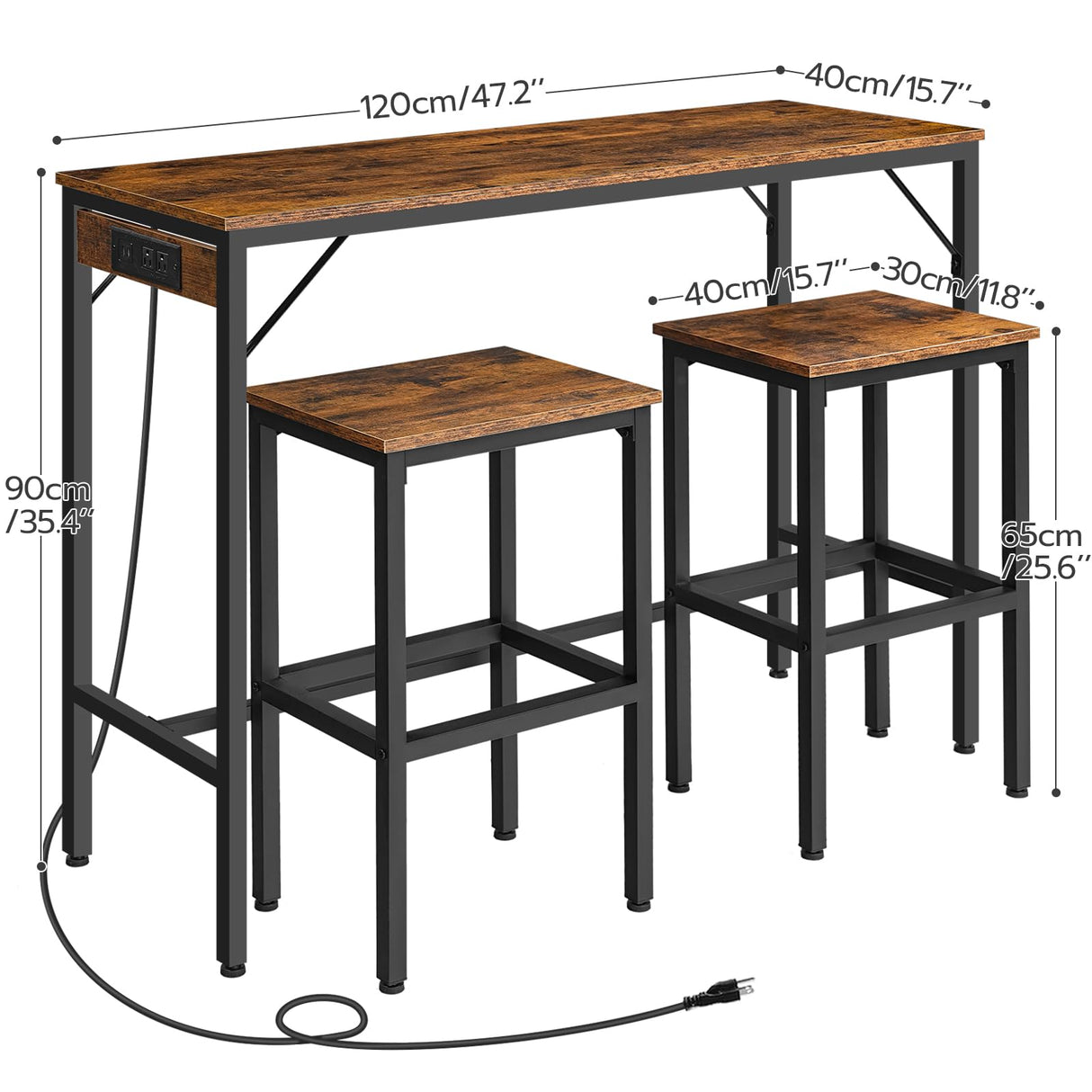 HOOBRO Bar Table and Chairs Set, 47.2" Dining Table Set with Power Outlet, 3-Piece Pub Table Set, Kitchen Bar Height Table with Stools of 2, Space Saving for Living Room, Rustic Brown BF46UBT01 HOOBRO