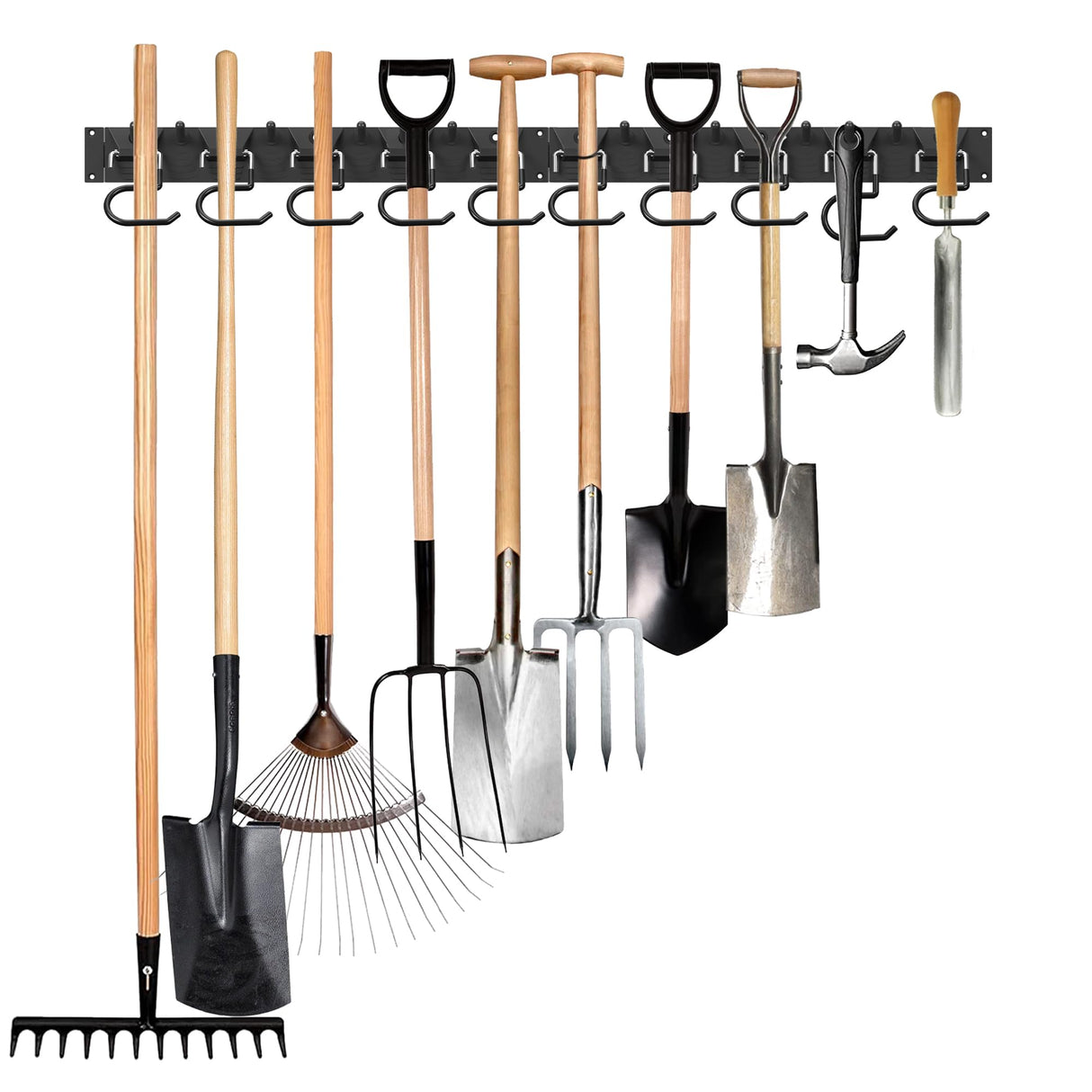 GARLWOLEX 34 Inch Garden Tool Organizer Wall Mount with Non Slip Rubber Coated Metal Hooks, Storage Rack for Indoor/Outdoor Shovel, Rake, Mop and Broom Holder Wall Mount ( 10 Hooks+10 Holders GARLWOLEX