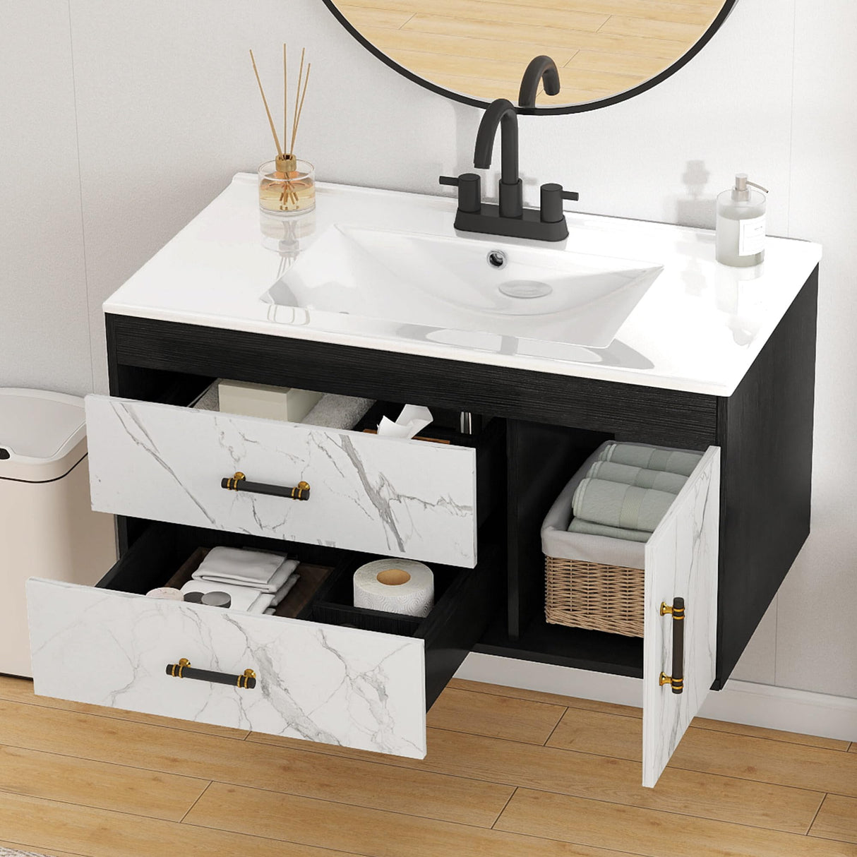 YITAHOME 36 Floating Vanity with Sink, Wall Mounted Bathroom Cabinet Vanity with Soft-Close System Cabinet, Marble Pattern, 2 Drawers & Pre-drilled Three Holes YITAHOME