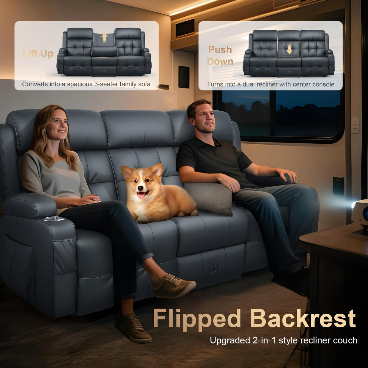 3-Seater Loveseat Recliner Sofa, Home Theater Seating Reclining Couch with Flip Middle Backrest, RV Wall Hugger Sleeper Sofa with Massage, Dawer & Cup Holders, 150° Recline for RV & Living Room TOMOSLTER