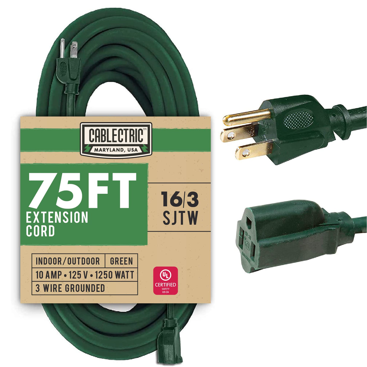 Cablectric 75 ft Outdoor Extension Cord 3 Prong, 16/3 SJTW Weatherproof Green Extension Cord 75ft, Heavy Duty Long Exterior Power Cable for Outside, Landscaping & Outdoor Lights Cablectric