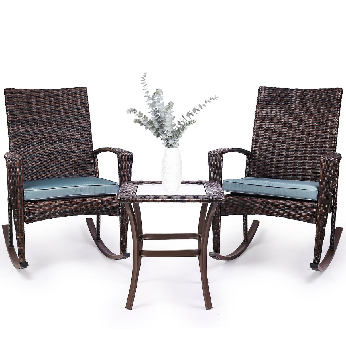 Niubya 3 Piece Wicker Rocking Chair Patio Furniture Sets, Outdoor Wicker Bistro Rattan Chair Conversation Sets with Cushions and Coffee Table, Grey and Brown Niubya