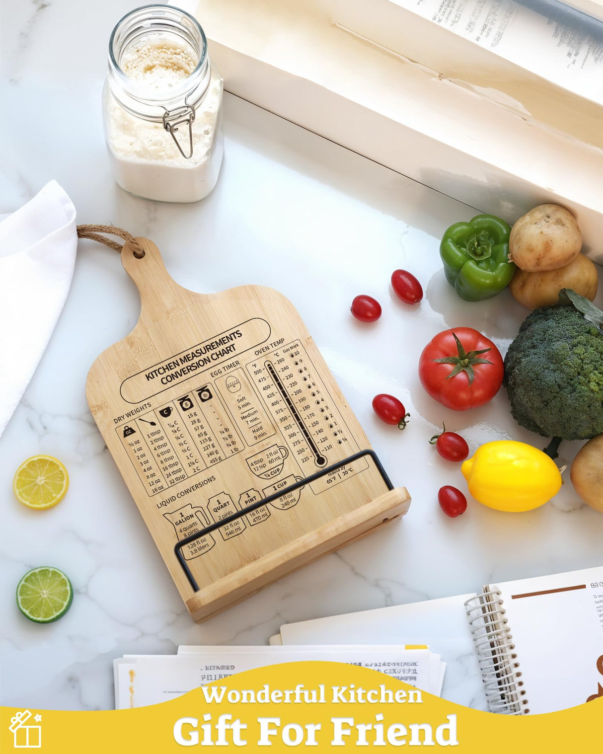 IKEDAS Bamboo Cookbook Stand, Sturdy Cook Book Holder, Recipe Book Holder with Measurement Conversion Chart, Cookbook Stand for Kitchen Counters, Essential Accessories for Holding Cookbooks ikedas