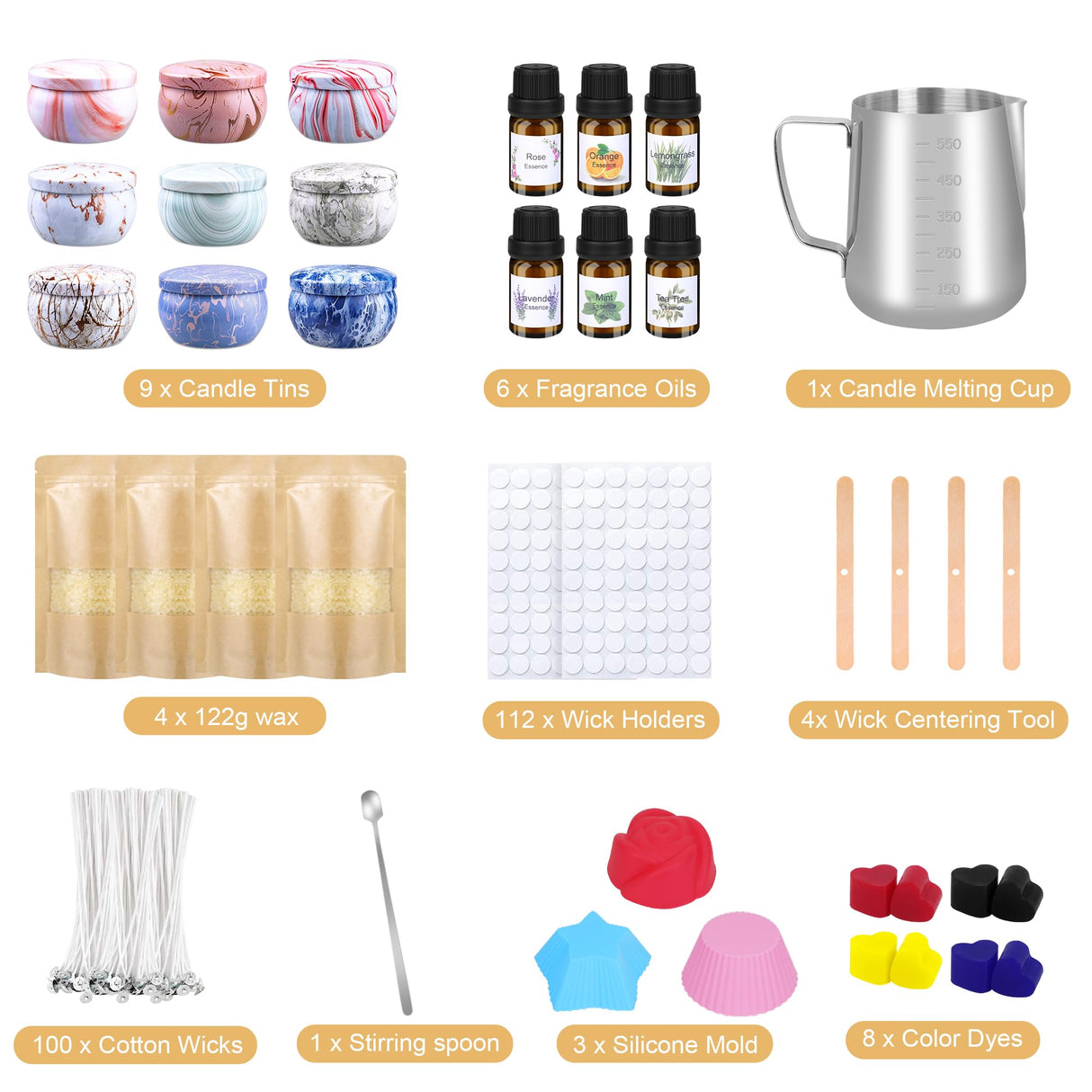YUEONEWIN Candle Making Kits for Adults, Candle Making Supplies Accessory, DIY Scented Candle Set with Soy Wax, Essential Oil, Wicks, Wax Melting Pot, Moulds, Candle Jars, Dye, Make Your Own Candles YUEONEWIN