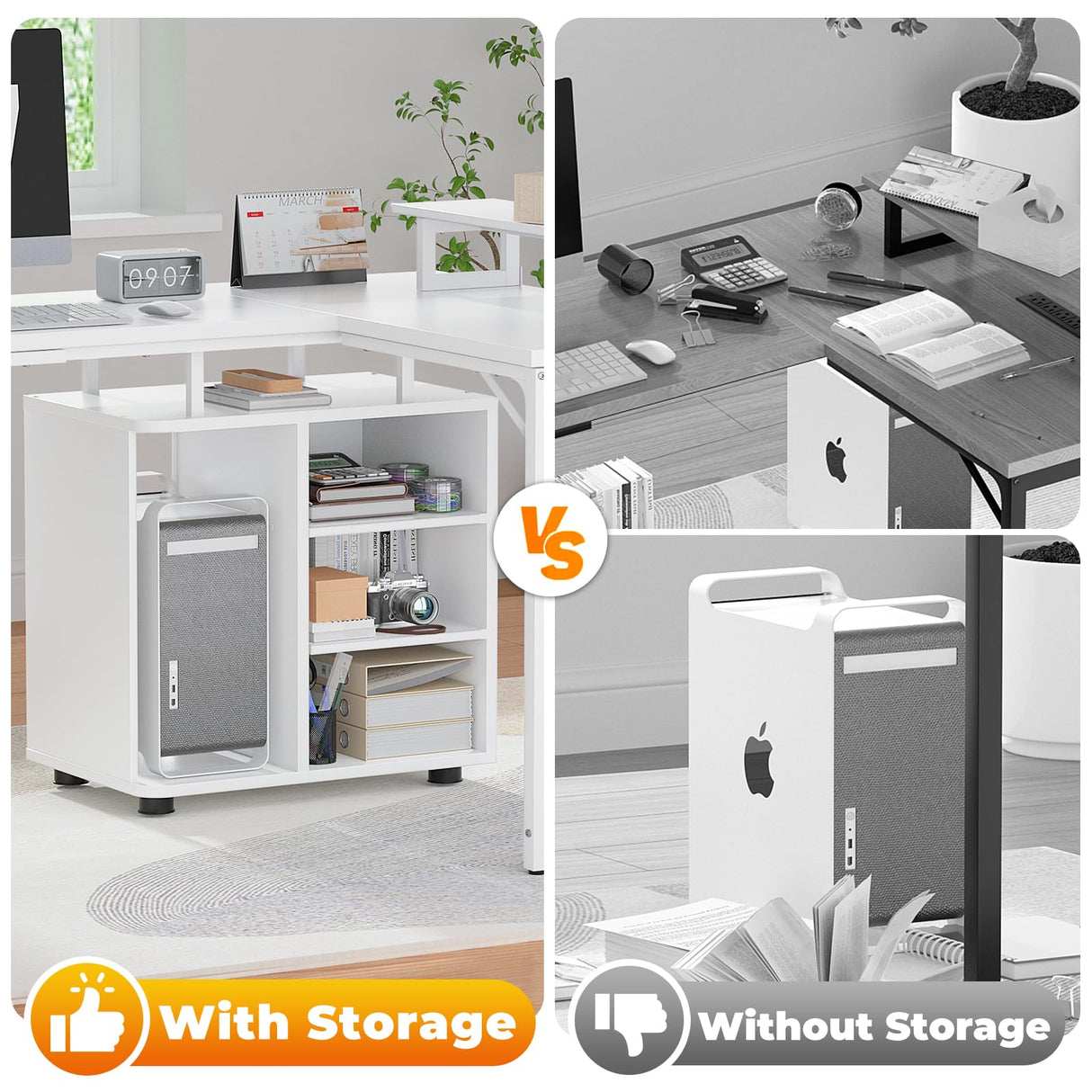 Cyclysio L Shaped Gaming Desk with Wood Cabinet, 58" Large Corner Desk with LED Lights & Power Outlet, Reversible Computer Desk with Monitor Stand, Home Office Desk 2 Person Corner Desk, White Cyclysio