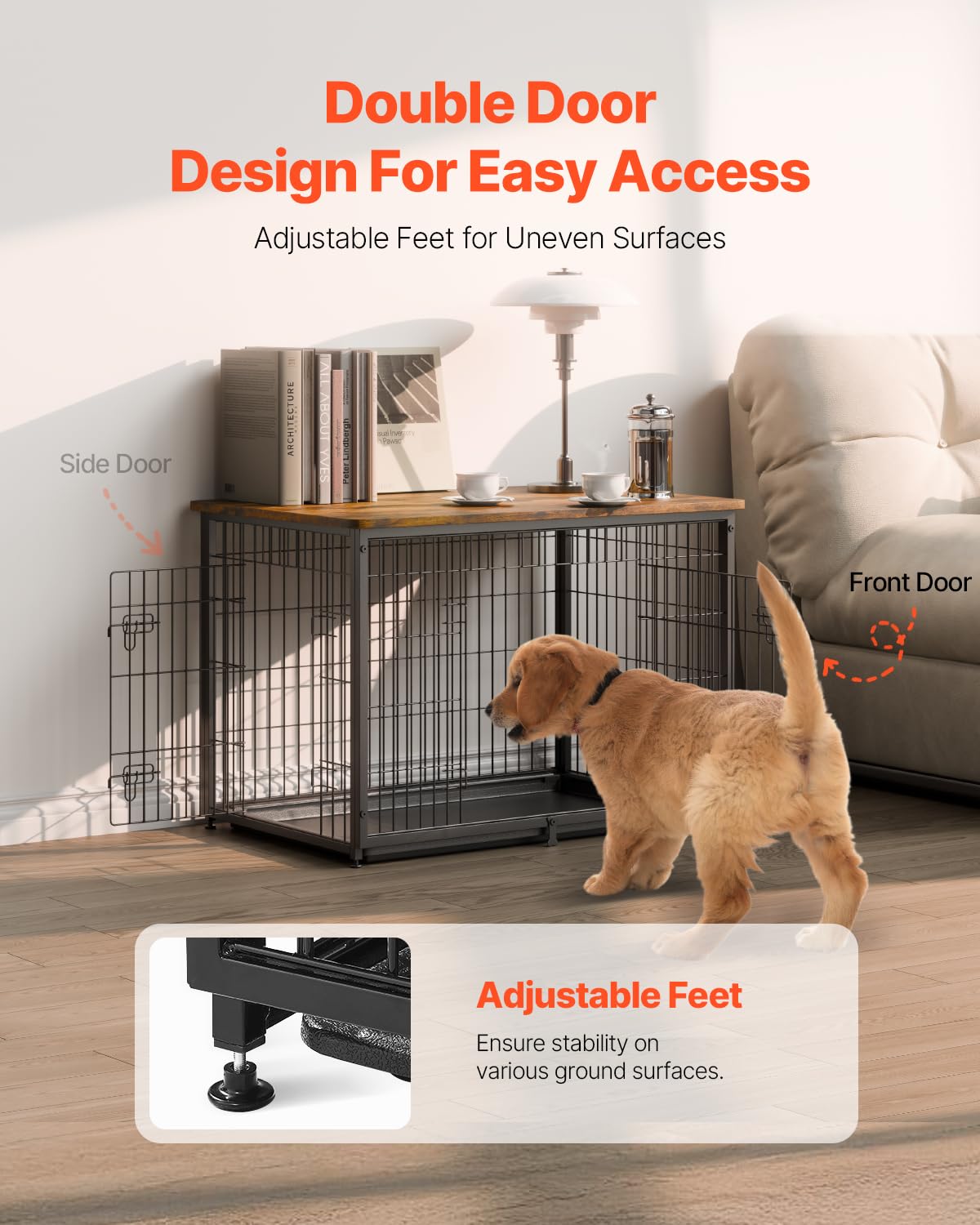 VEVOR 38" Dog Crate Furniture, Dog Kennel Furniture with Double Doors, 2-in-1 Decorative Wooden Dog Crate with Removable Tray, Dog Crate End Table Hold up to 70 lbs for Small, Medium Dogs Brown VEVOR