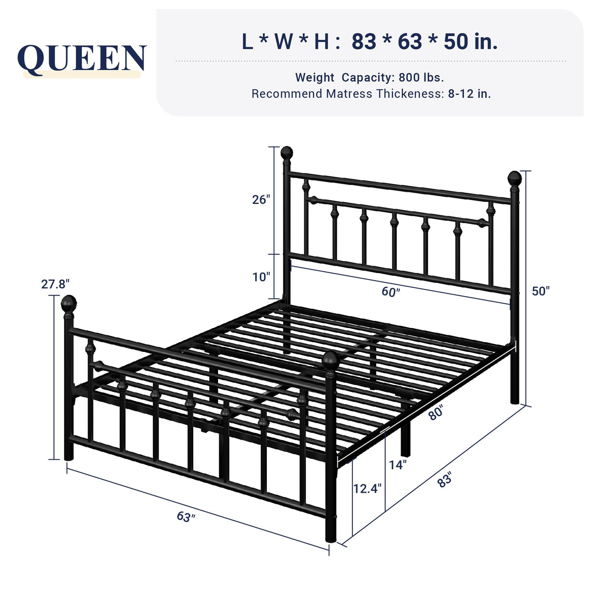 Allewie 14 Inch Queen Size Metal Platform Bed Frame with Victorian Vintage Headboard and Footboard/Under Bed Storage/No Box Spring Needed/Easy Assembly/Noise Free/Mattress Foundation/Black Allewie