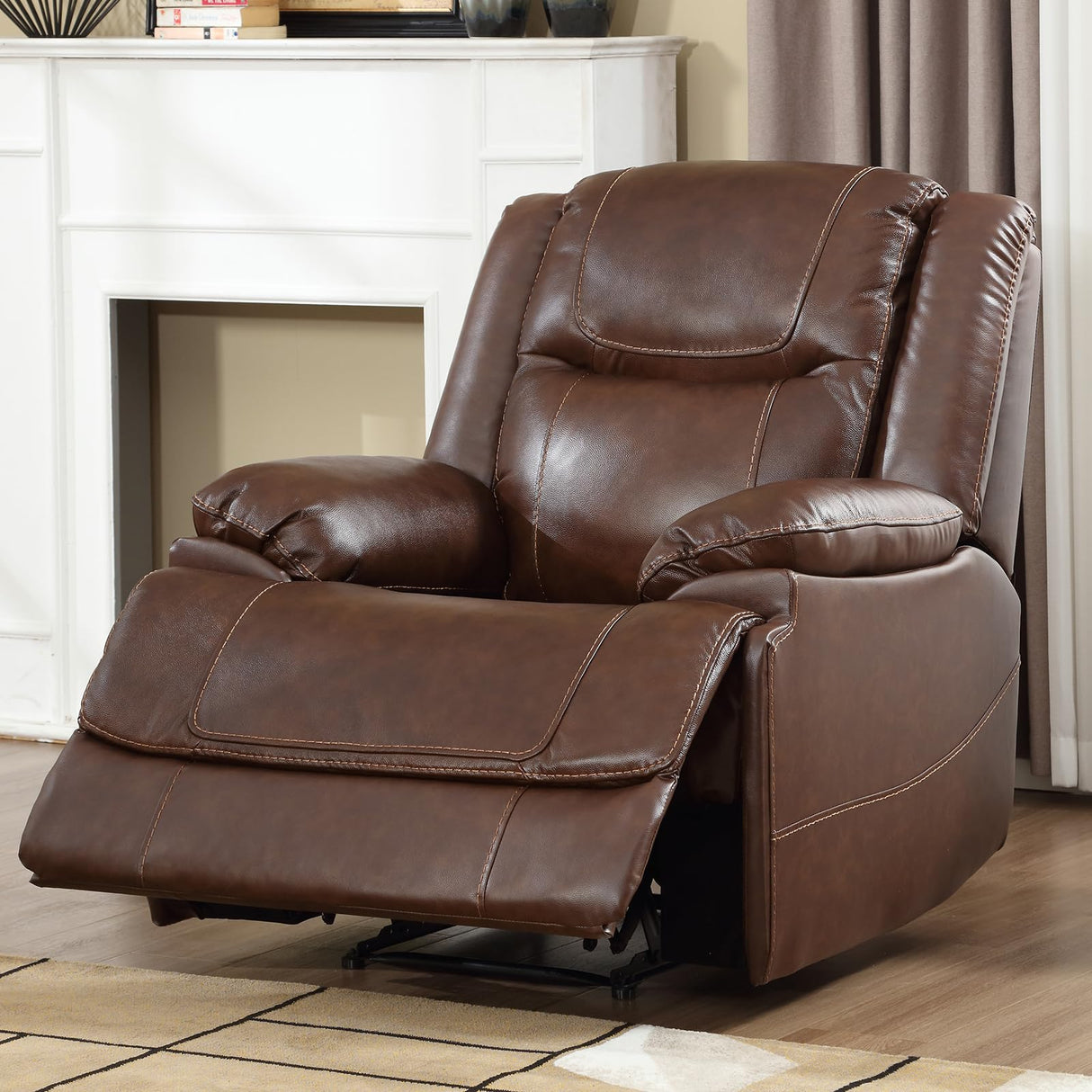 EBELLO Genuine Leather Manual Recliner Chair, Reclining Sofa Chair Couch for Living Room, Overstuffed Armrest and Padded Seat, Bedroom Furniture, Meeting Room, Brown EBELLO