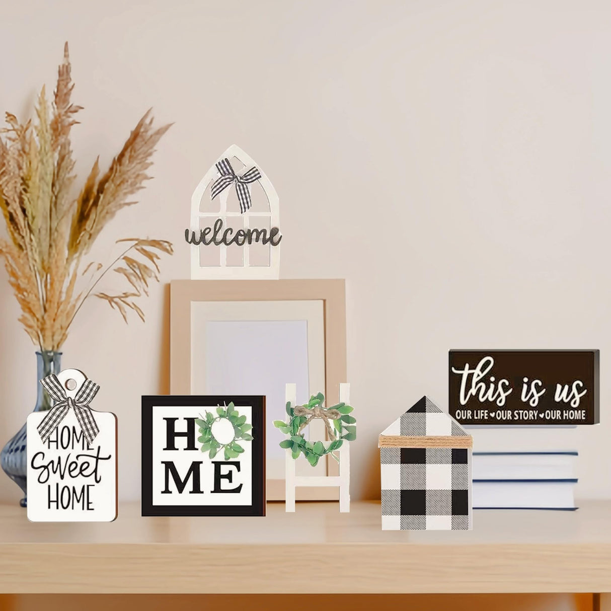 Tiered Tray Decor Set for Rustic Home Country Kitchen Dining Room Living Room Table Decorations Farmhouse Modern White and Black Tray Decorative with Wooden Beads and Board (No Tray) MKER HOME