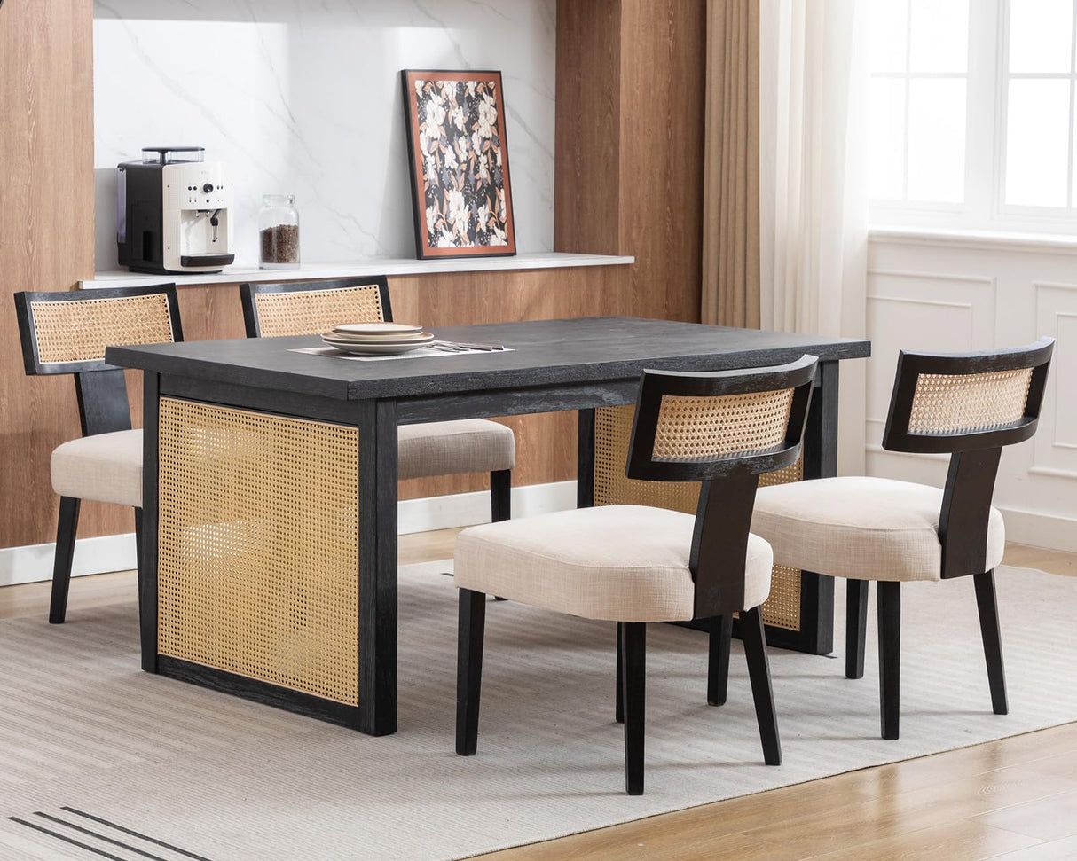 HNY Mid Century Modern Rattan Dining Chairs Set of 6, Farmhouse Linen Upholstered Accent Chair Curved Backrest Kitchen Chairs, with Black Hardwood Frame, Beige HNY