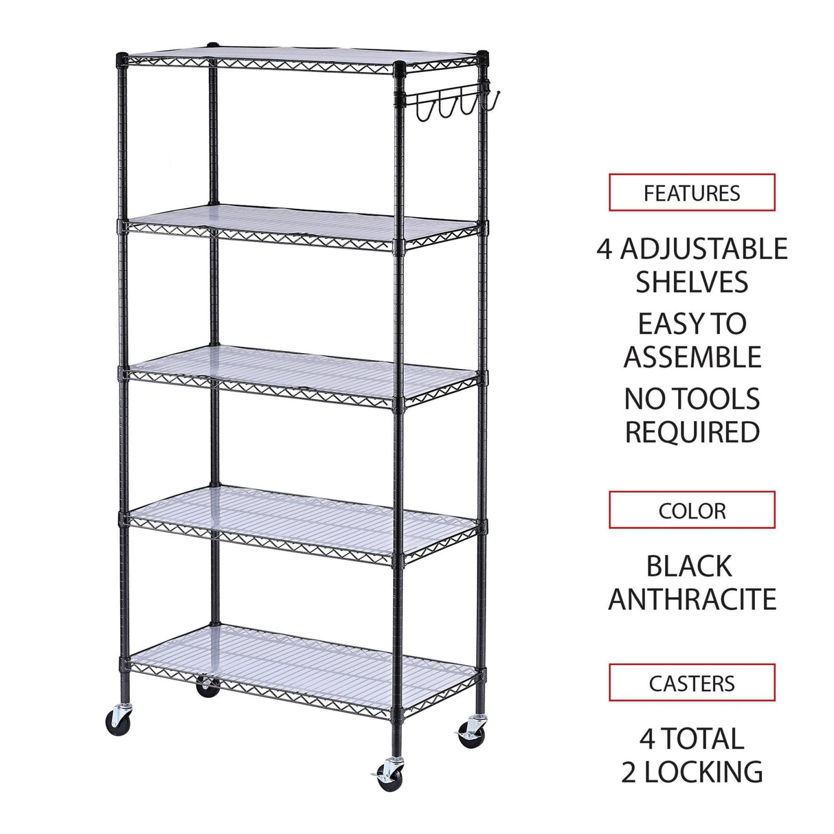 Alera 5-Shelf Wire Shelving Kit with Casters and Shelf Liners, 36w X 18d X 72h, Black Anthracite Alera