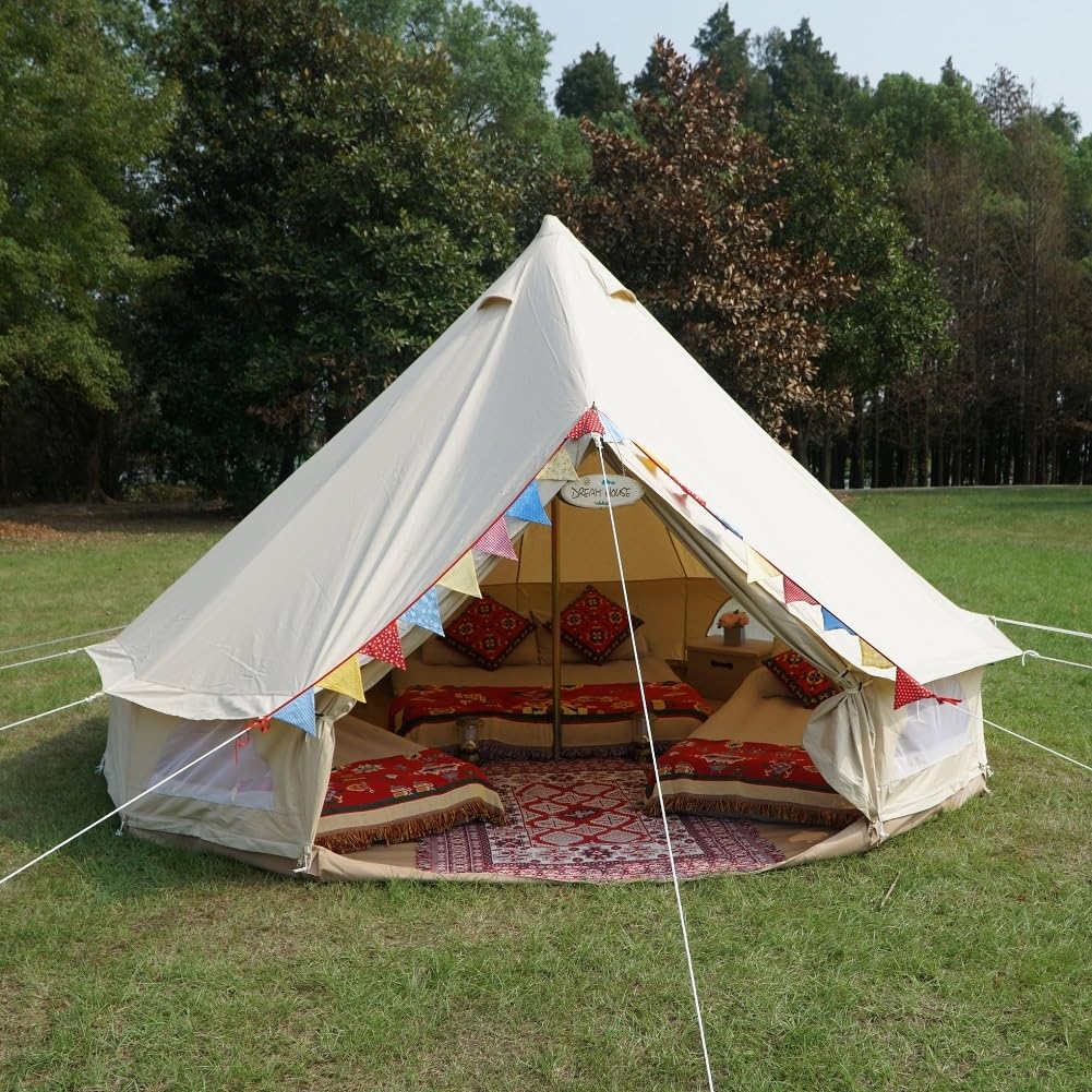 Dream House Outdoor Waterproof Cotton Canvas Family Camping Bell Tent (Beige Cotton Canvas Tent, Diameter 5 meter) Dream House