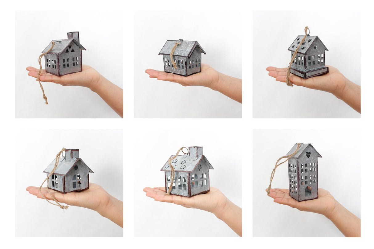 Sweet Summer Living Set of 6 Pieces Assorted Christmas Ornament, Village Houses, Farmhouse Decor, Tin Houses Galvanized Sweet Summer Living