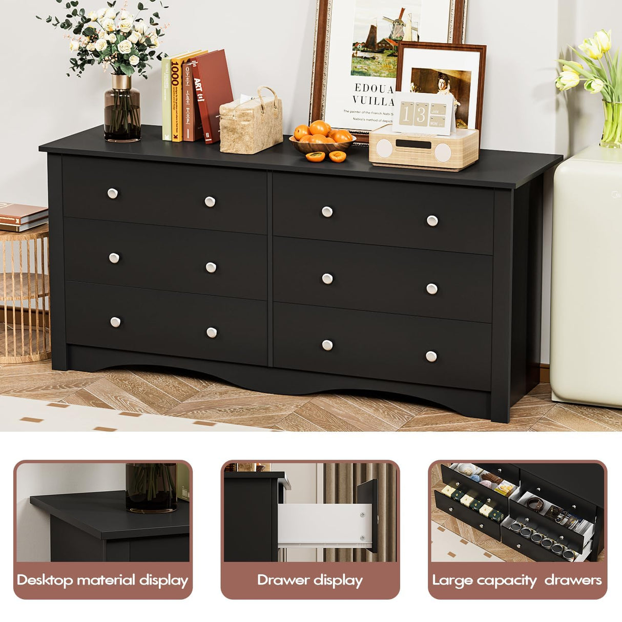 YESHOMY Dresser with 6 Drawer, Wood Wide Chest Storage Organizer and TV Stand for Living Room, Hallway, Dormitory, Black YESHOMY