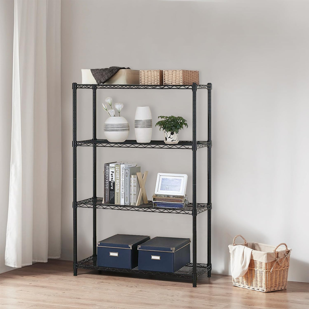 PayLessHere | 4-Tier Wire Shelf | 36"x14"x54" | Black | Adjustable Racks | Heavy-Duty Storage Shelves, Holds Upto 1000 lbs | Rust-Resistant, No-Tool Assembly | for Home, Garage Shelving PayLessHere