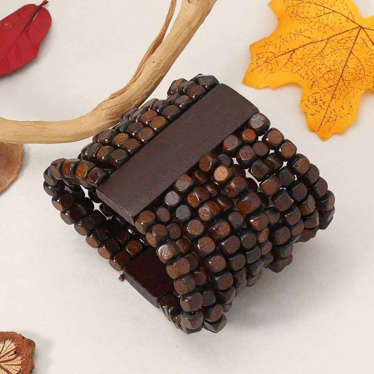 COLORFUL BLING Handmade Natural Wooden Beads Cuff Bracelet Woven Chunky Geometric Bangle for Women Summer Beach Boho Jewelry-multilayer COLORFUL BLING