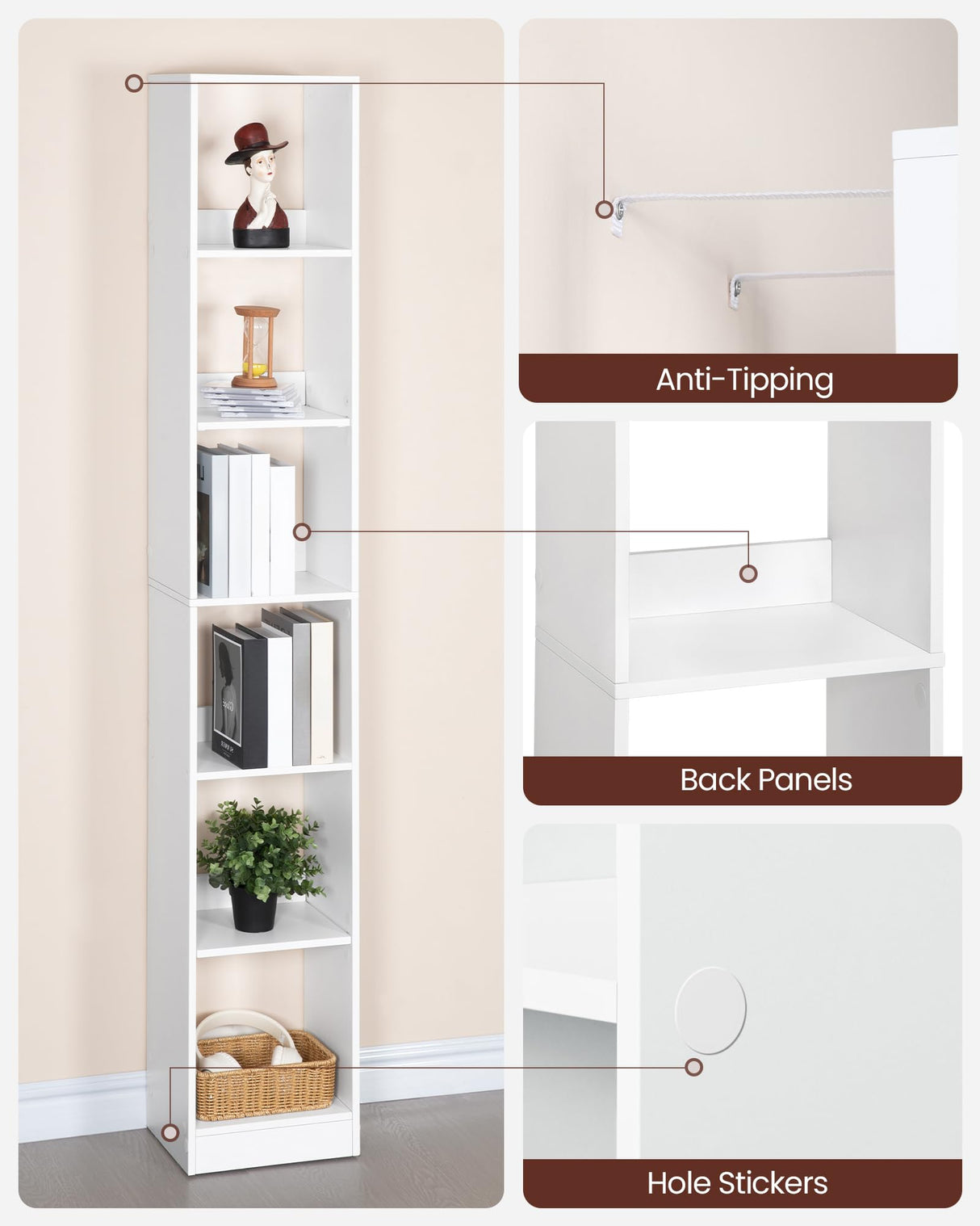 Hzuaneri Bookcase, Tall Narrow Bookshelf, Open Display Storage Shelf, Skinny Cube Book Shelf with Adjustable Shelves, CD Rack for Living Room, Home Office, Bedroom, 6 Tiers, White BC09603X Hzuaneri