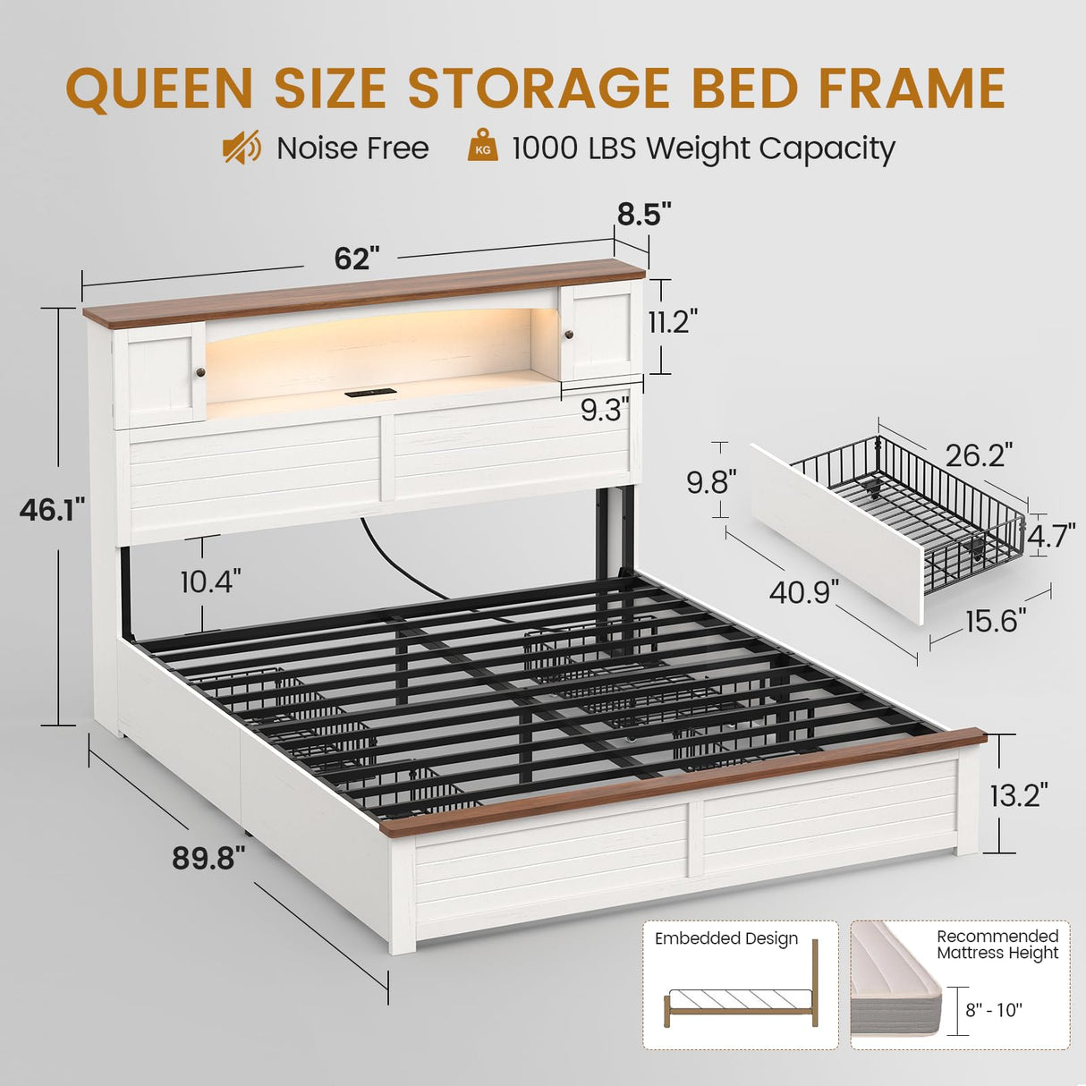 MSmask Farmhouse Queen Bed Frame with Bookcase and Storage Cabinets Headboard, Wood Platform Bed with LED Lights, Charging Station, 4 Drawers, Decoration Footboard, No Box Spring Needed, White MSmask