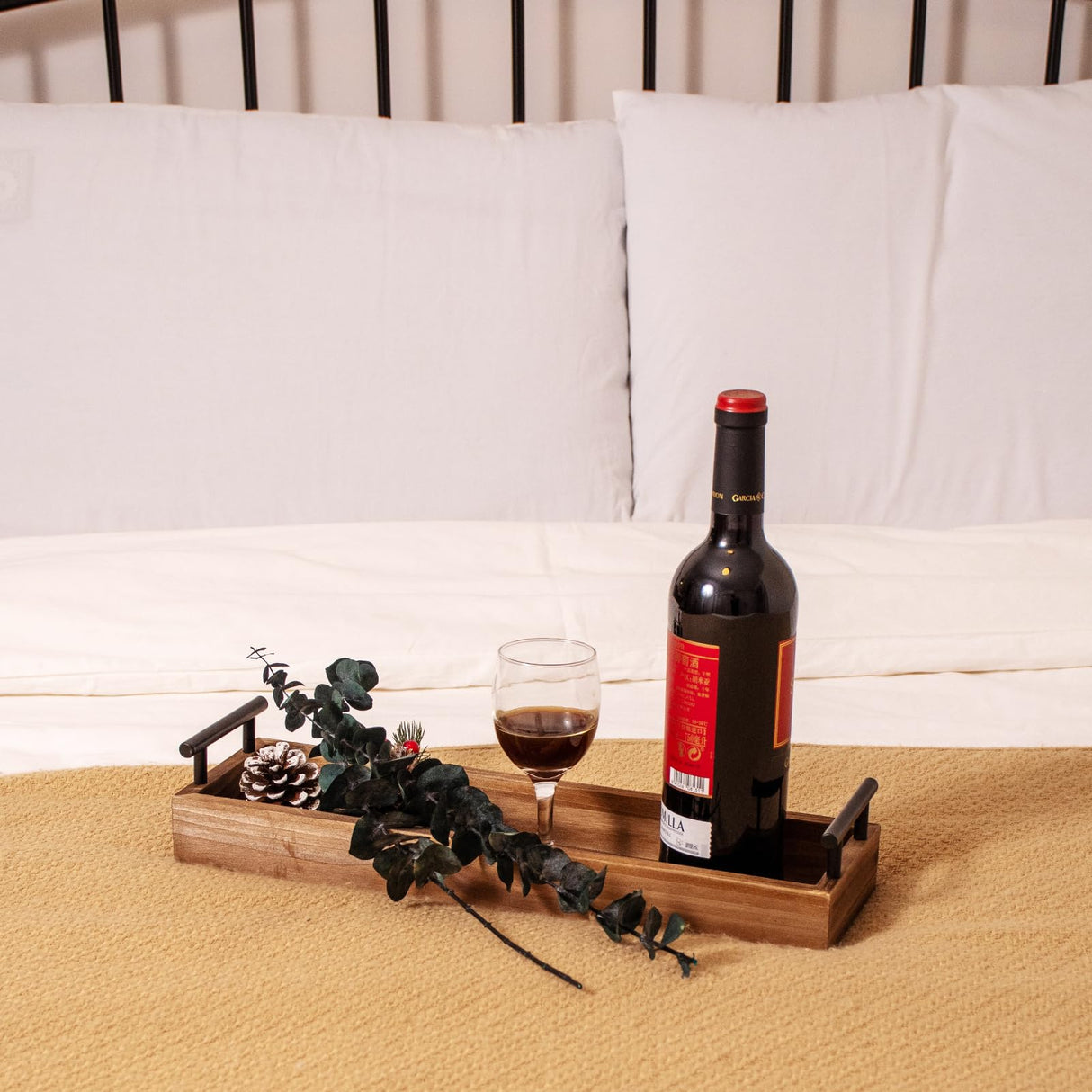 Rustic Wood Serving Tray with Metal Handles, Brown Wooden Tray, Centerpiece Tray for Dining Table, Farmhouse Plant Tray, Candle Holder, Long Narrow Ottoman Trays for Wine Coffee Table Kitchen Decor OKSQW