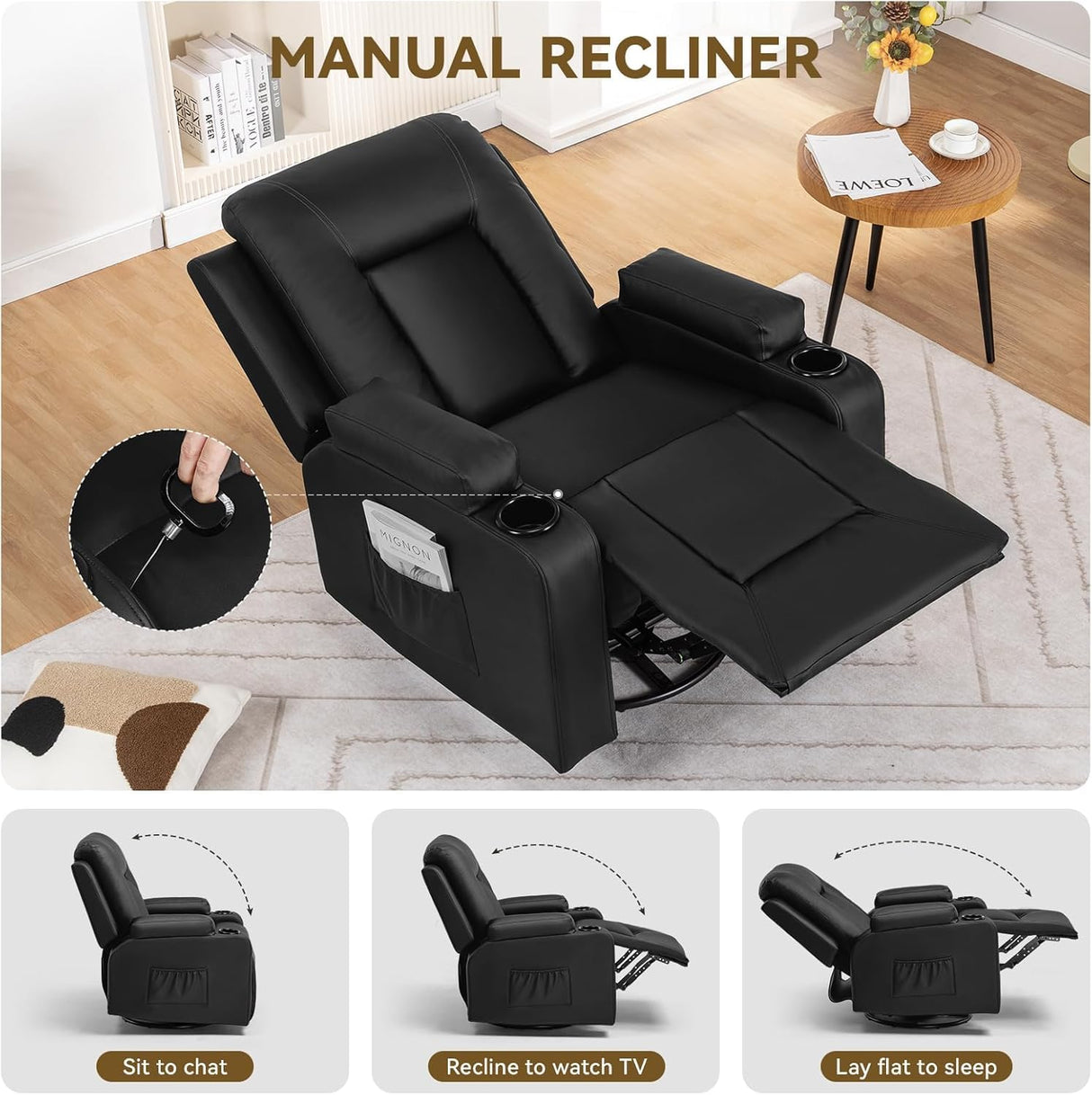 COMHOMA Recliner Chair, Swivel Rocker Recliners, Massage and Heat Reclining Chair, Reclining Sofa with Side Pockets, Cup Holders for Living Room, Bedroom (Black) COMHOMA