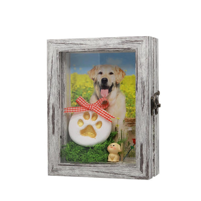 Pet Memorial Shadow Box, Paw Print Pit for Dogs, paw Print kit for Cats, Pet Fur Keepsake, Dog Remembrance Gift, Dog Picture Frames for Dogs That Passed, Flower/Grass/Dog Decoration (White, L)