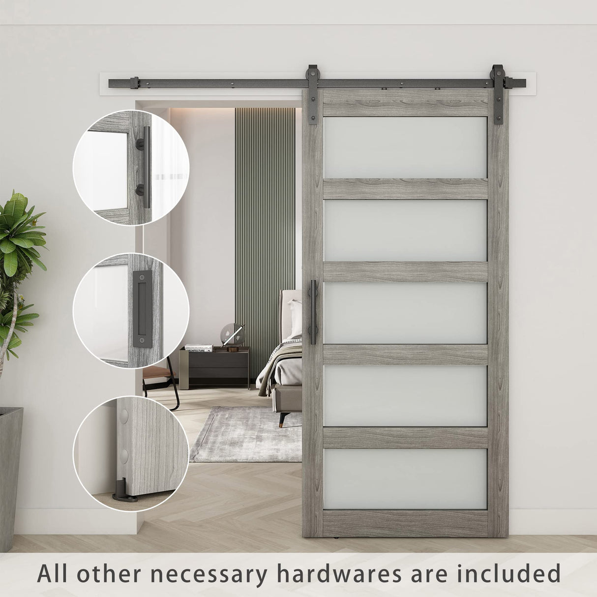 BARNSMITH 36in x 84in Glass Barn Door with 6.6FT Sliding Door Hardware Kit included & Handle,5-Panel Frosted Glass Solid Wood Slab with Water-Proof PVC Surface,Pre-Drilled Easy Assembly,Grey BARNSMITH