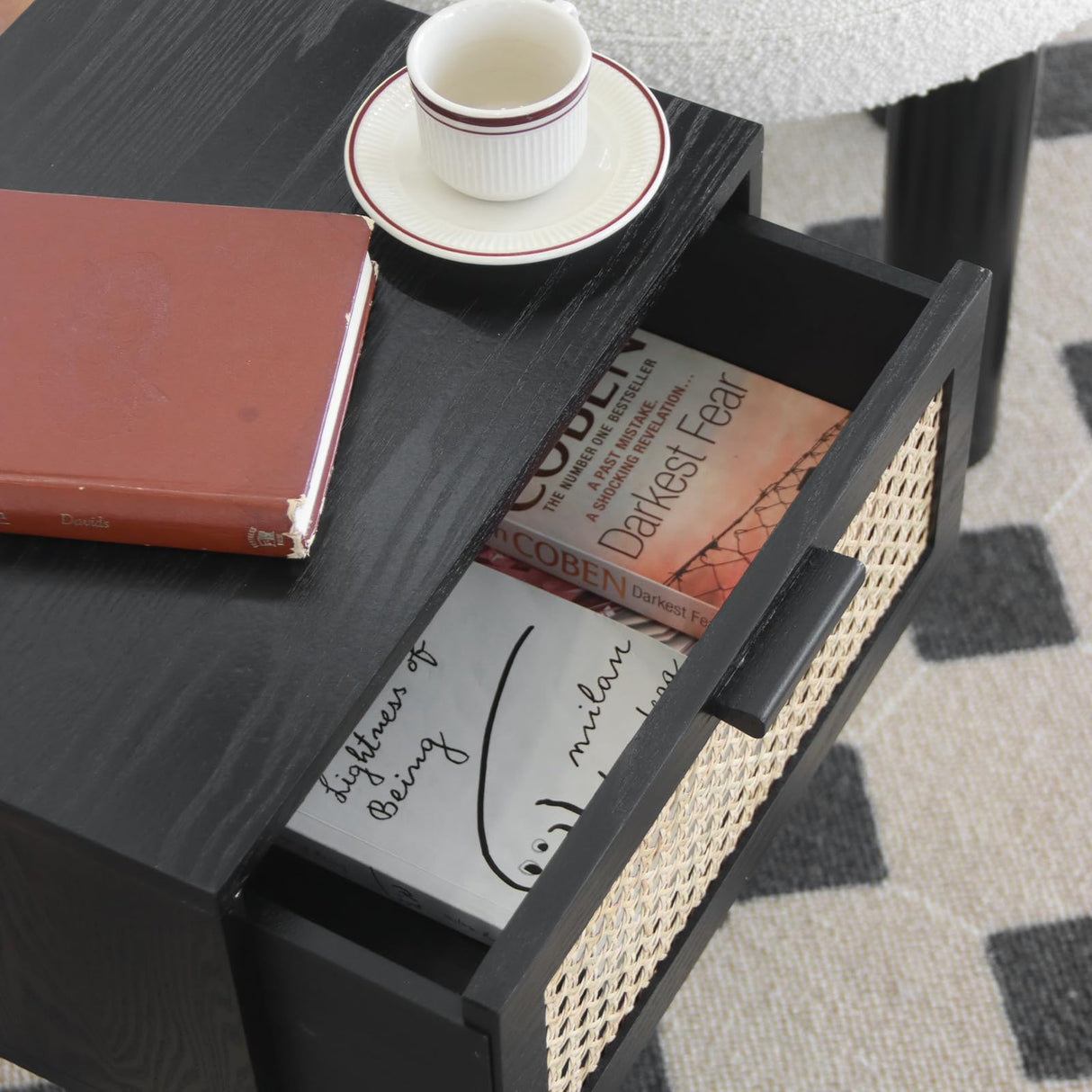 AWASEN Mid Century Modern Nightstand, Rattan Side Table with Drawer, Black Bedside Table with Storage and Solid Wood Legs for Living Room, Bedroom and Small Space (Black) AWASEN