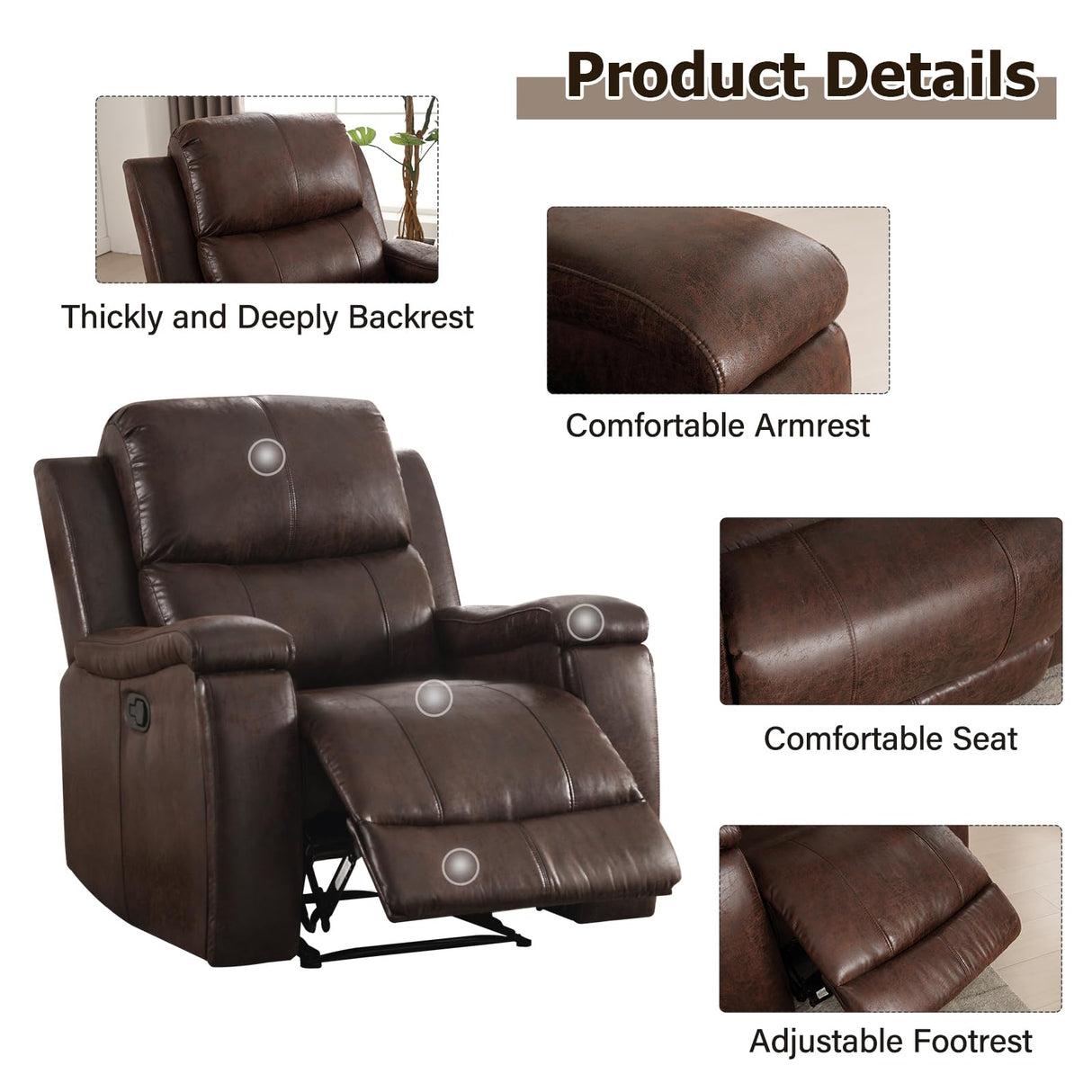 CANMOV Leather Recliner Chair, Classic and Traditional Manual Recliner Chair with Overstuffed Arms and Back, Manual Single Sofa with Concealed Cup Holders,Red Brown CANMOV