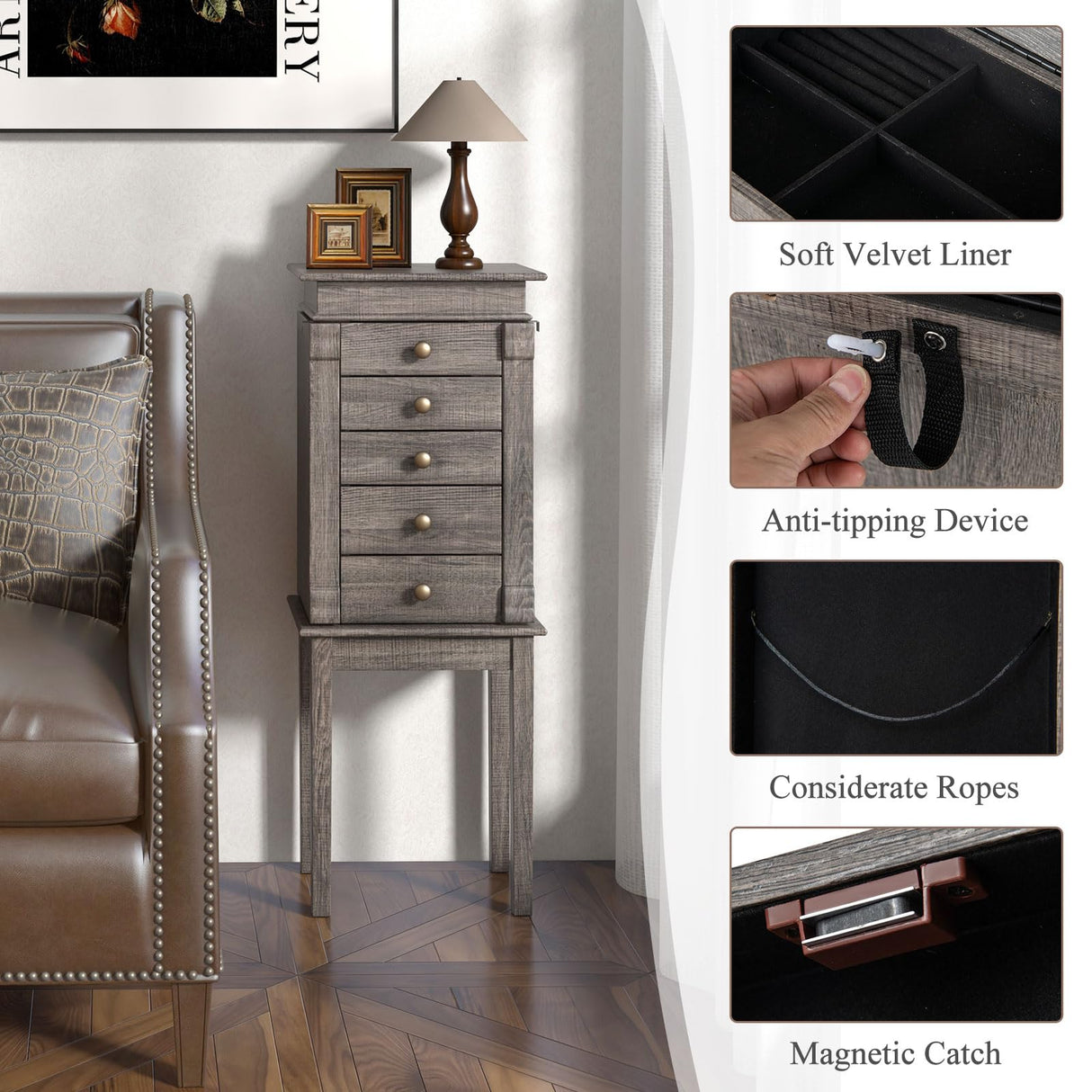 GOFLAME Standing Jewelry Armoire, Jewelry Storage Cabinet with Flip Top Makeup Mirror, 5 Drawers, 2 Side Doors, 8 Necklace Hooks, Solid Wood Legs, GOFLAME