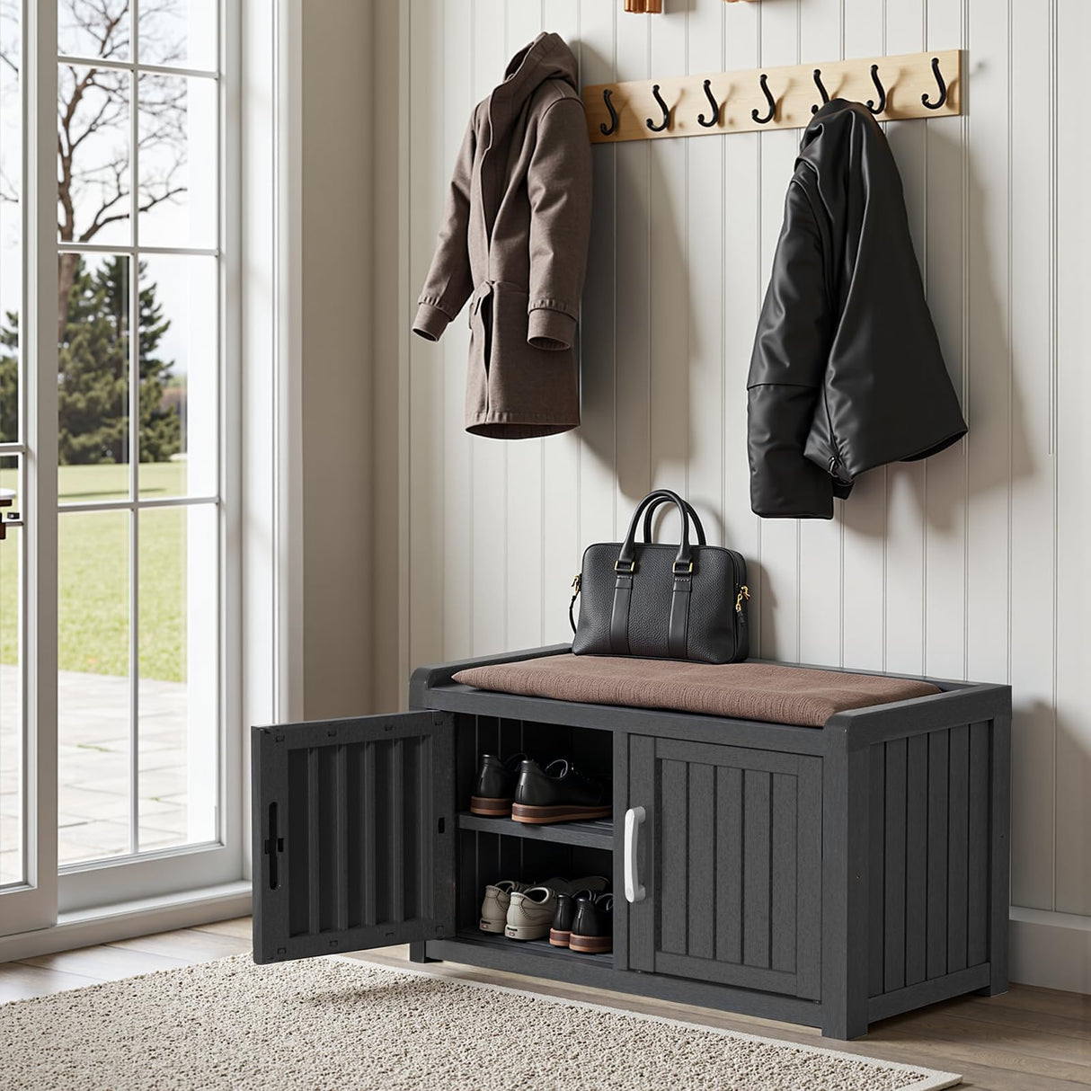 ROJIK Shoe Cabinet Waterproof UV-Resistant,Storage Bench Indoor Outdoor with Adjustable Shelves,for Entryway Bedroom,Hallway,Living Room(Double Door,Black) ROJIK