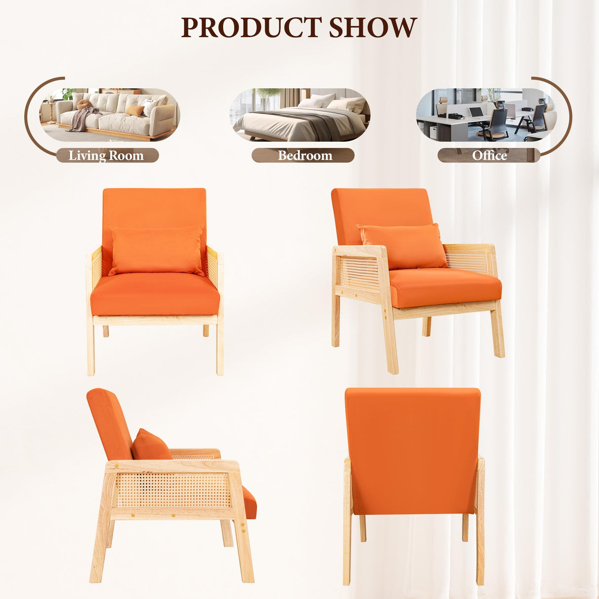 Furmax Accent Chair with Rattan Armrests, Mid Century Modern Lounge Armchair for Living Room, Single Upholstered Leisure Reading Chair with Waist Pillow and Wooden Frame,Set of 1 Furmax