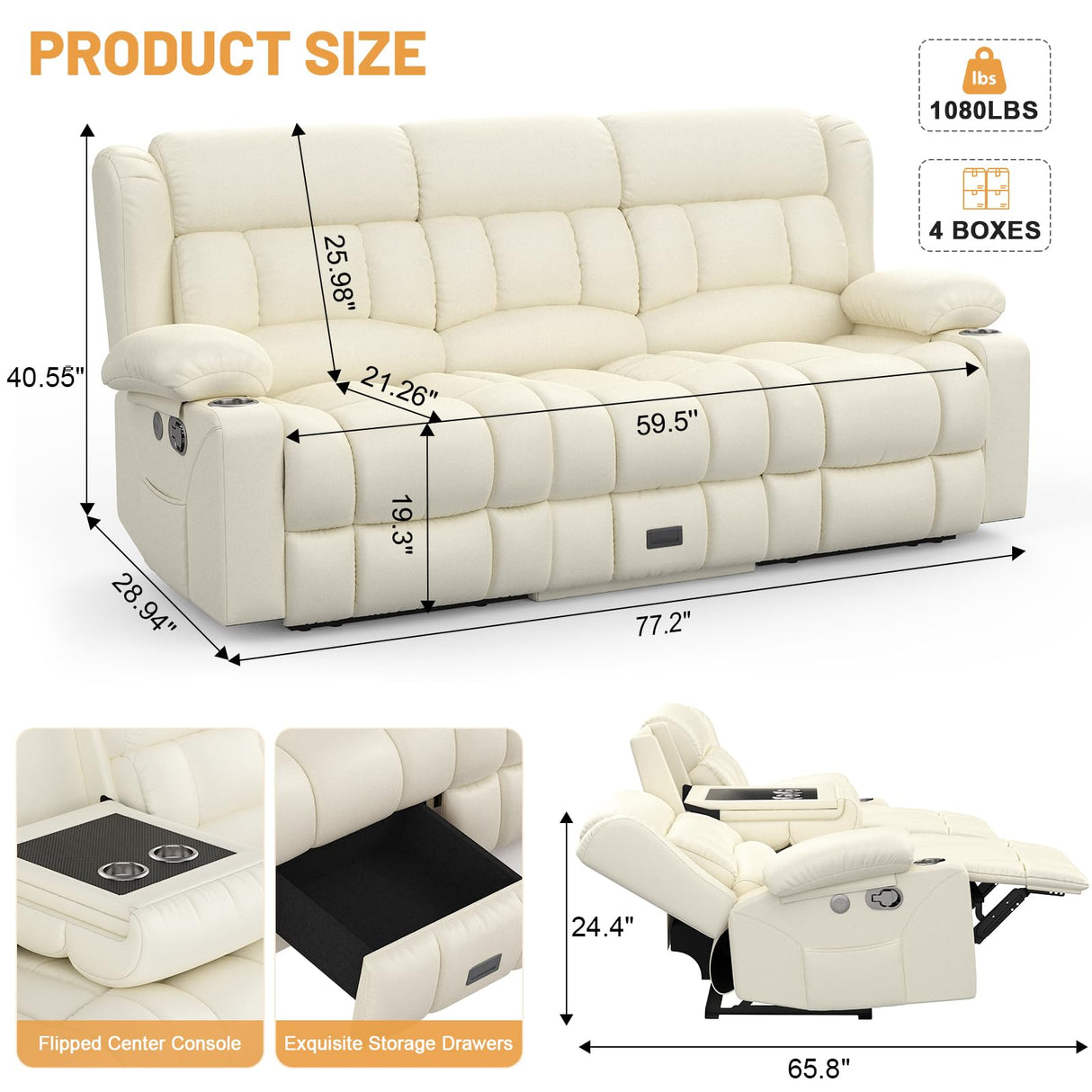 Dresegmt Loveseat Recliner Sofa Set, Flip Middle Backrest Design PU Leather 3 Seater Reclining Sofa and Single Oversized Recliner Chair, Manual Couches for Living Room (Ivory, PU 3+1) Dresegmt