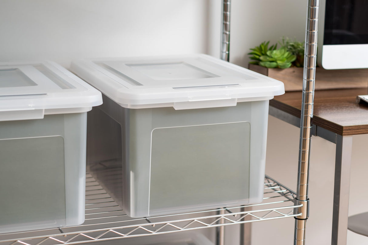 IRIS USA File Box Plastic File Organizer for Letter/Legal File, Document Box, Storage Bin Tote Organizer with Durable and Secure Latching Lid, Stackable, Nestable, BPA-Free, Clear 35 Qt. 4 Pack IRIS
