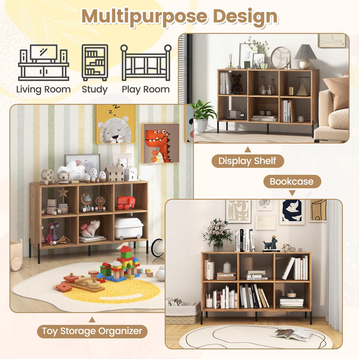 LOKO 6 Cube Bookcase, 3-Tier Floor Open Bookshelf with 5 Metal Legs, Cube Storage Organizer with Adjustable Shelves, Modern Display Shelving for Living Room, Study, Bedroom, Office (Natural) LOKO